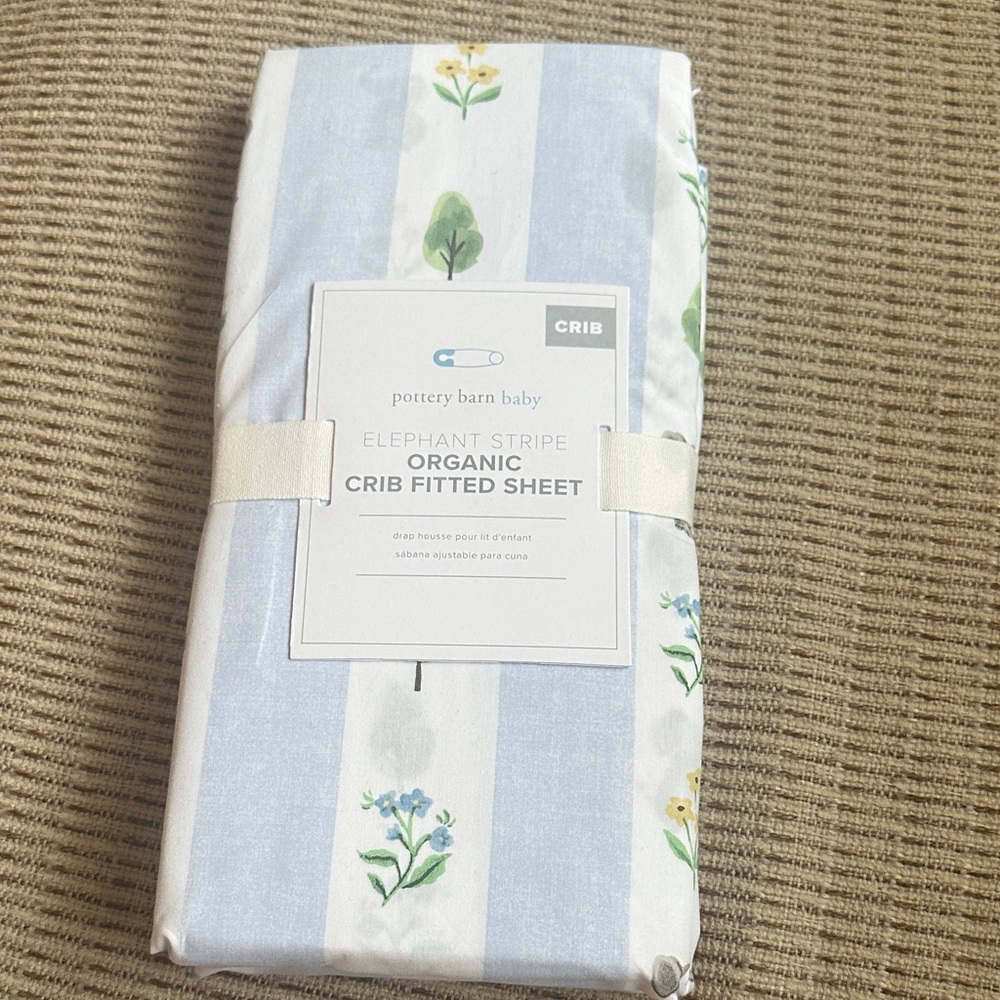 Pottery Barn Baby Blue and White Elephant Stripe Crib Sheet New with Tags